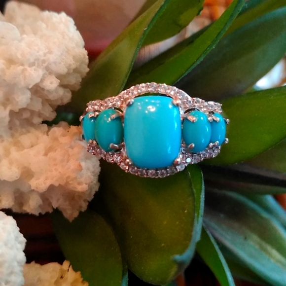 ARIZONA SLEEPING BEAUTY TURQUOISE, CAMBODIAN ZIRCON RING - Picture 1 of 8
